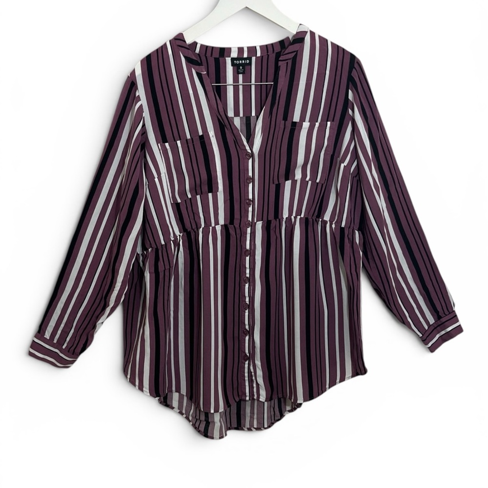 torrid Plum, Black & White Striped Button-Up Peplum Blouse